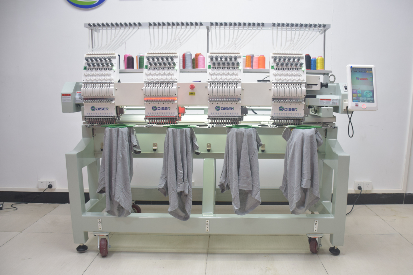 DISEN DSC-J1204 | 4-Head 12-Needle High-Speed Embroidery Machine with 12” Touchscreen – Cap, T-Shirt, and Logo Embroidery